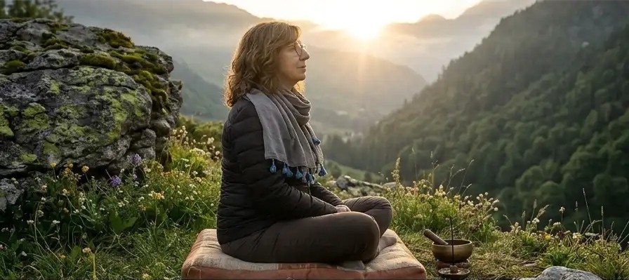 Clotilde meditando de perfil no alto da montanha, sol nas costas